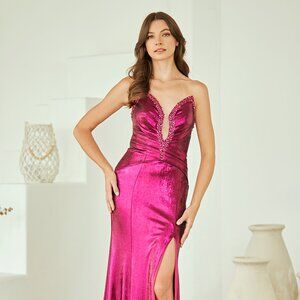 New Strapless Rhinestones Embellished Maxi Gown w/Illusion Plunging Neck AC 9076
